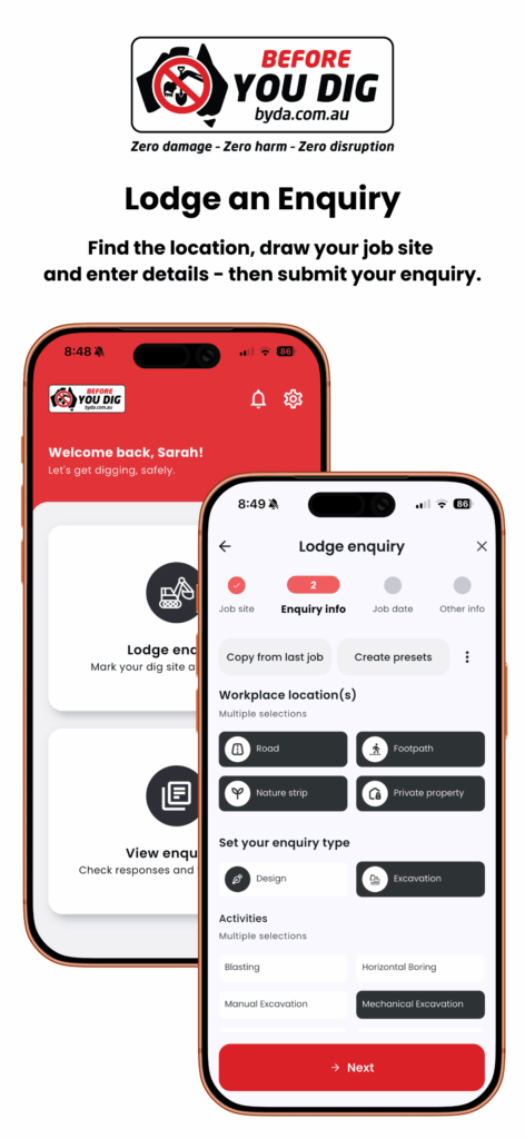 lodge enquiry via the new BYDA app